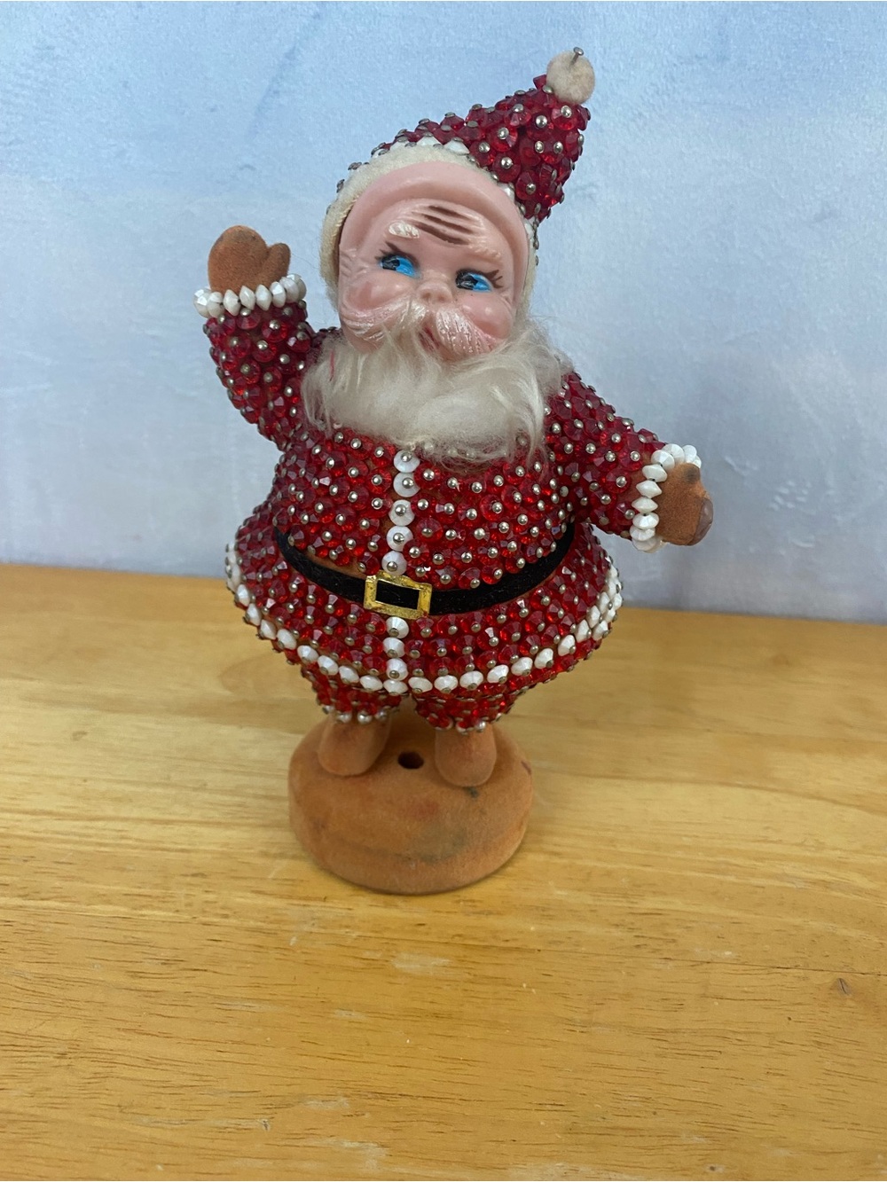 Vintage 1960s Red Flocked and Beaded Push-Pin Santa Figurine